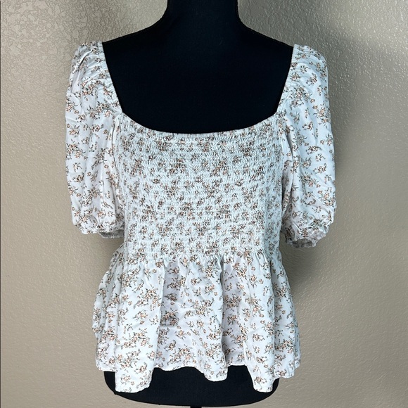 Dizzire Tops - Smocked Peplum Blouse - White with Brown Floral